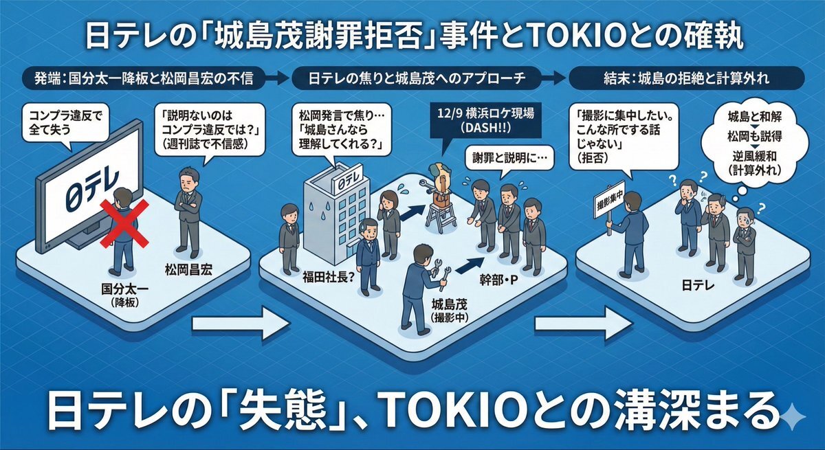 TOKIO城島茂、日テレ謝罪拒否「撮影に集中したい」