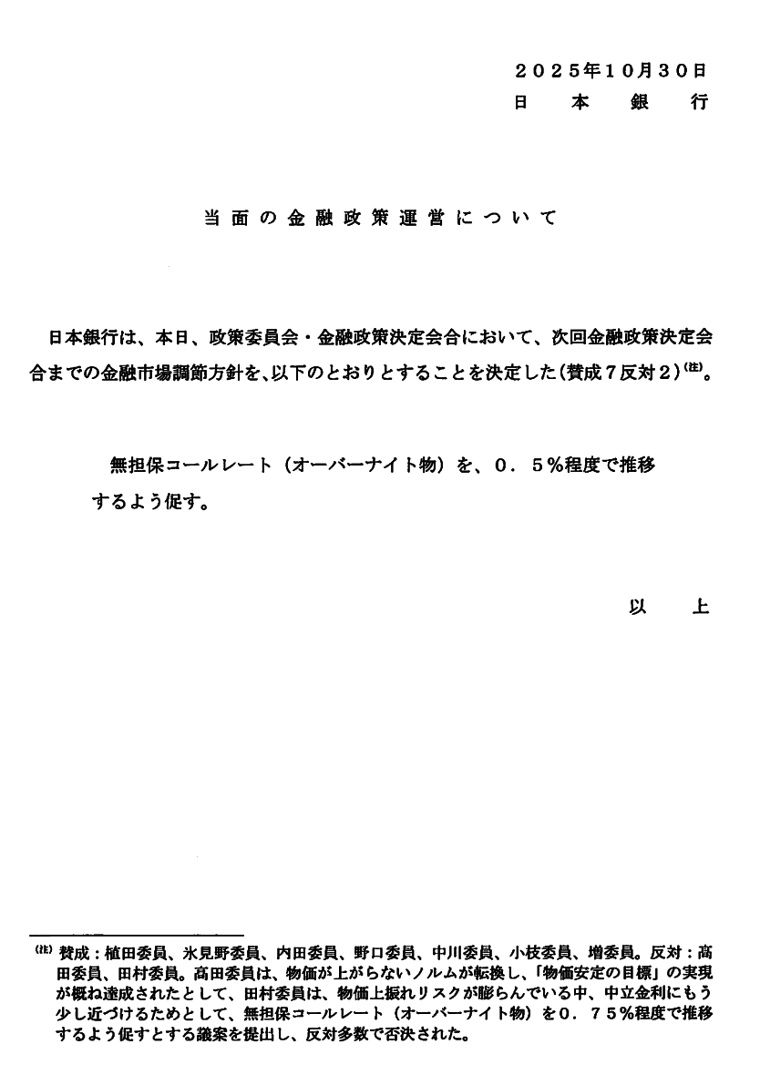 日銀、金融政策決定会合で政策金利0.5%据え置き