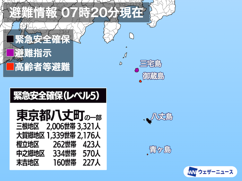 八丈町に大雨特別警報、緊急安全確保