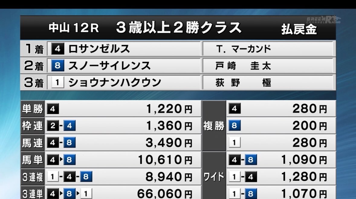 スノーサイレンスとロサンゼルス、中山12Rで好走！馬連的中も