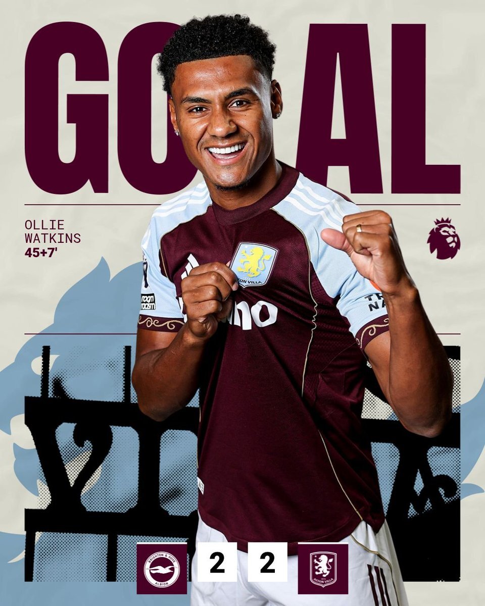 ワトキンス2ゴール！ブライトン、アストンヴィラに追いつく