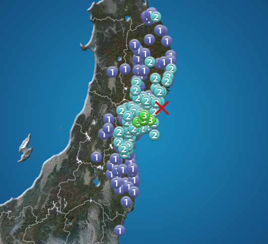 宮城県沖でM4.4の地震、最大震度3