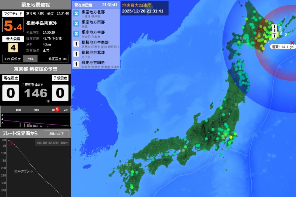 北海道根室沖 M5.4の地震、最大震度3 