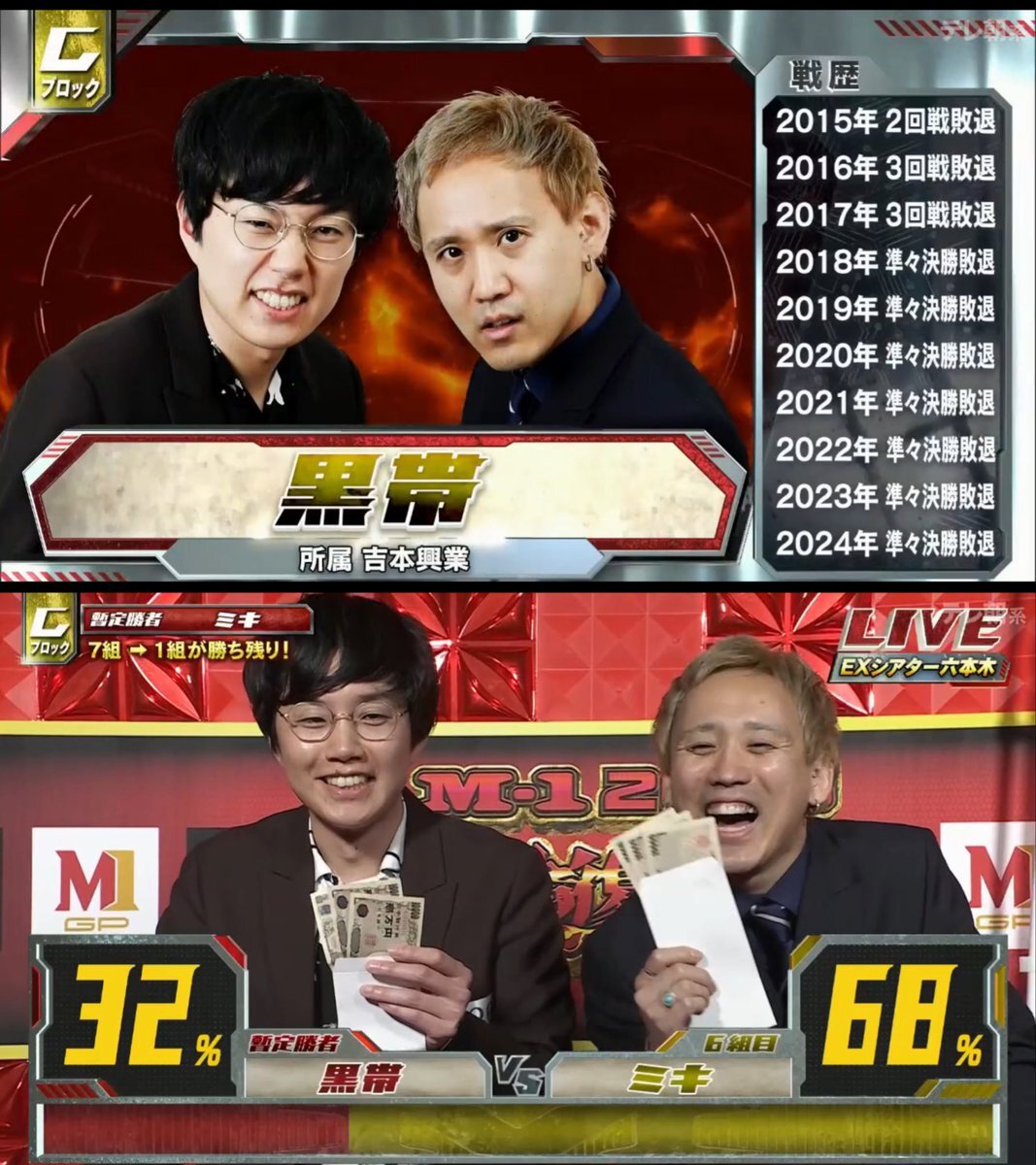 黒帯、M-1敗者復活戦で笑いを届ける「ご祝儀公開」にファン感動