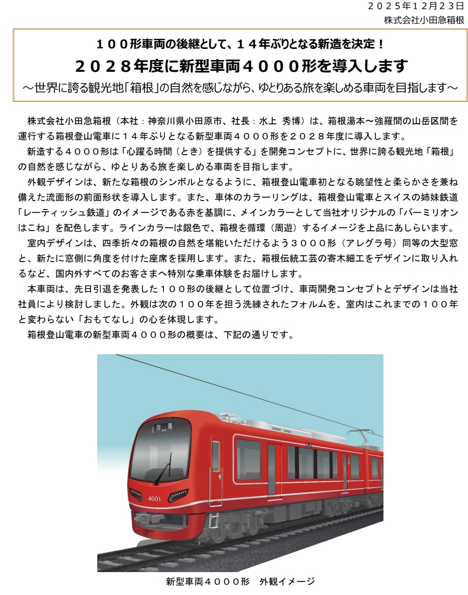 箱根登山電車に新型車両4000形が2028年度に導入決定！