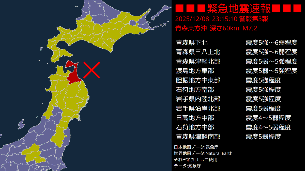 青森県東方沖地震：東北新幹線運転見合わせ、津波警報発令