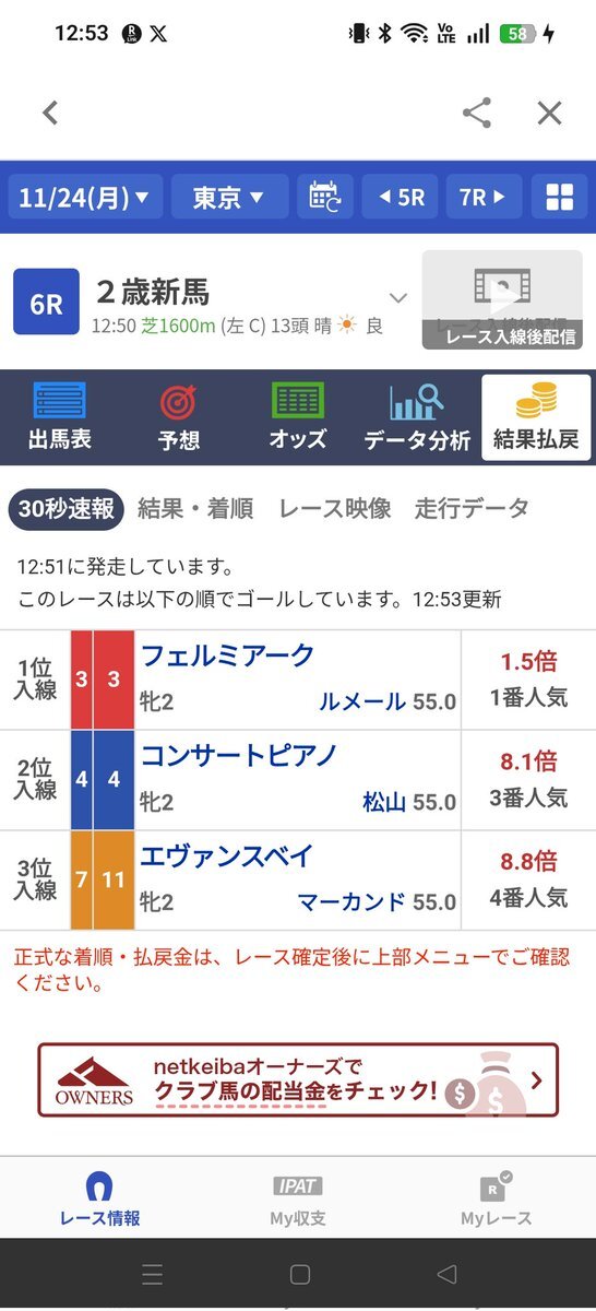 コンサートピアノ、東京6R新馬戦で2着！ファン興奮