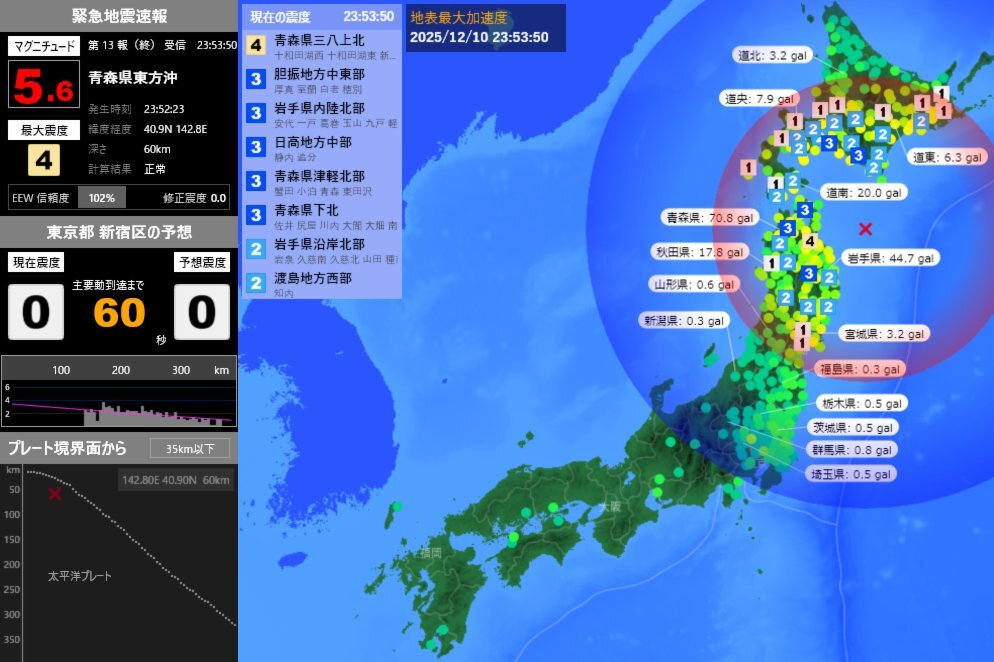青森県東方沖でM5.6の地震が発生 最大震度4