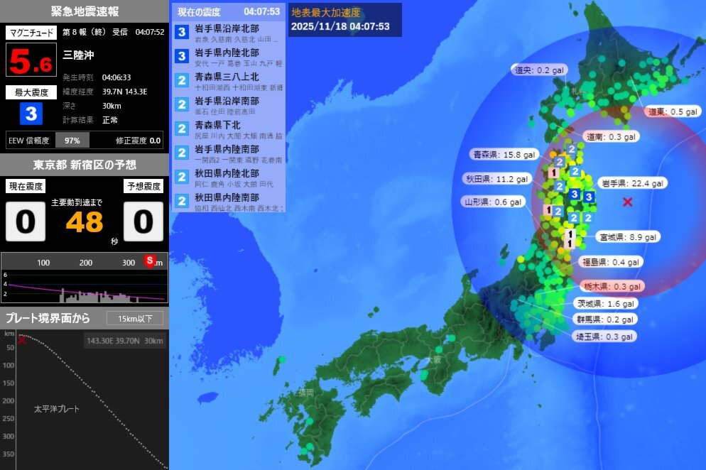 三陸沖でM5.7の地震、最大震度3