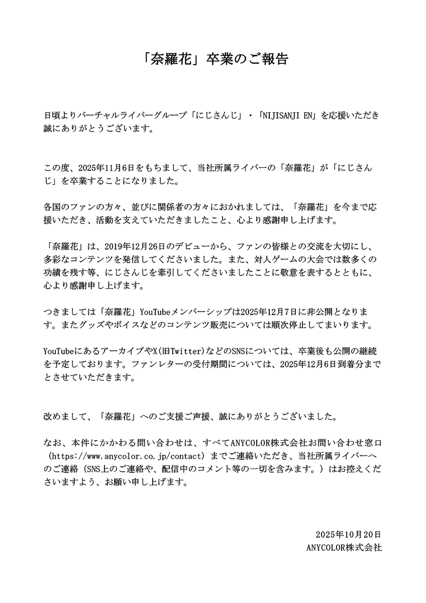 奈羅花、にじさんじを卒業する？