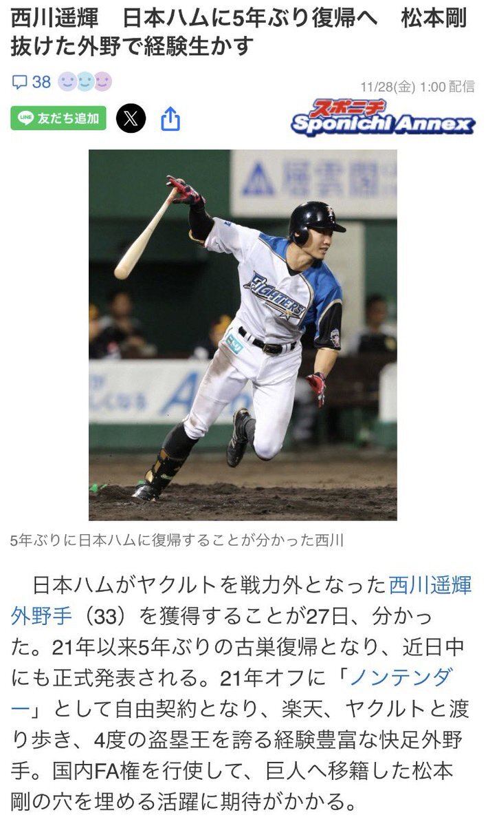 ハルキスト歓喜！西川遥輝選手が日本ハムに復帰