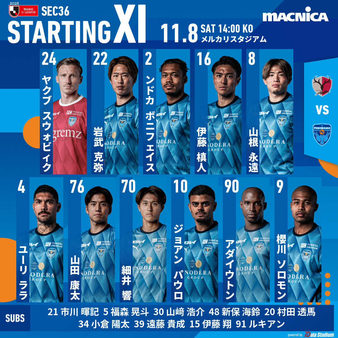 横浜FC、アダイウトン先発で鹿島に挑む