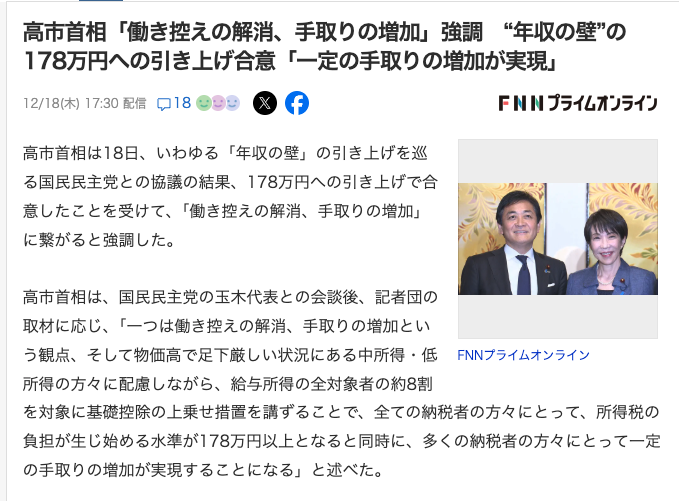 年収665万円まで対象に基礎控除178万円に　年収の壁見直し合意 