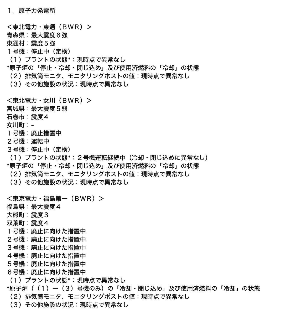 青森県沖地震の影響で原子力規制庁、原子力施設の安全状況を調査中