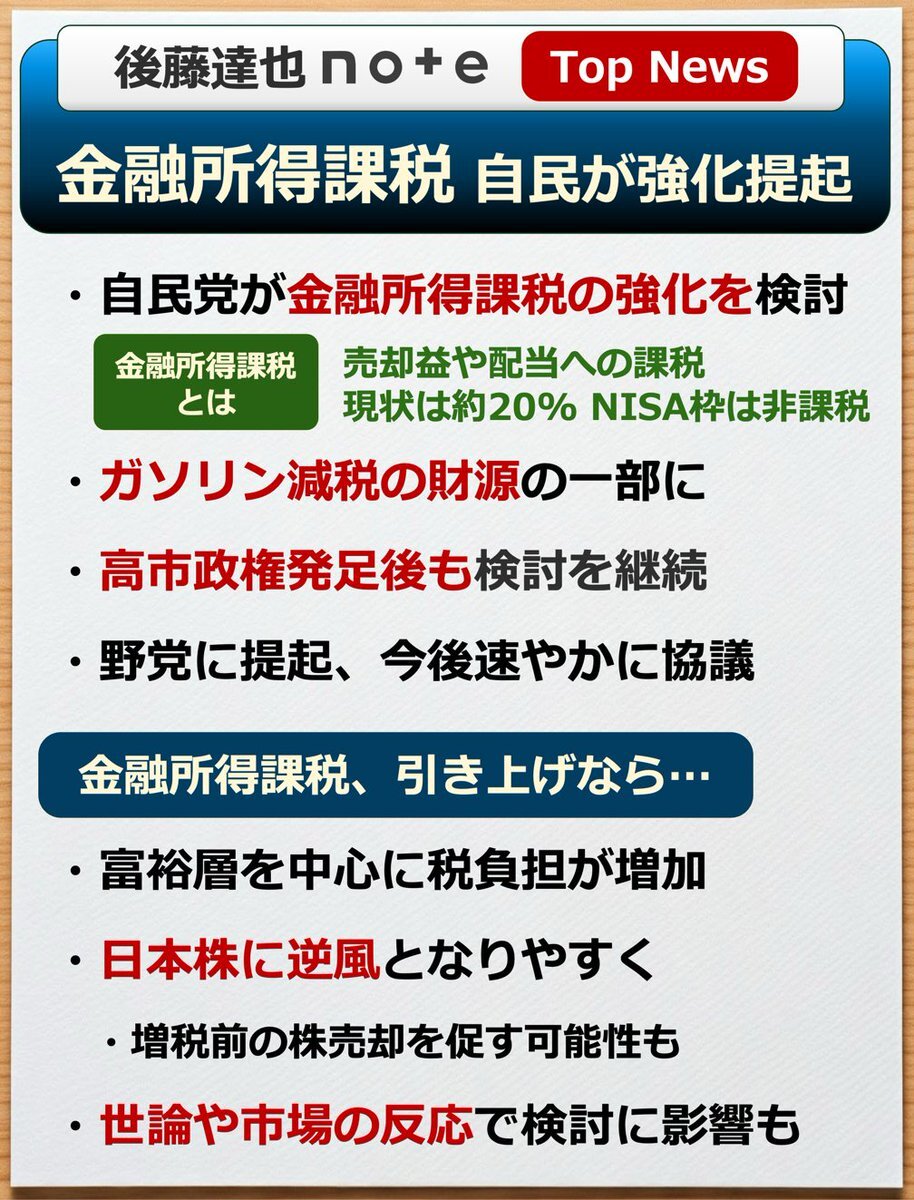 自民党、金融所得課税強化を検討