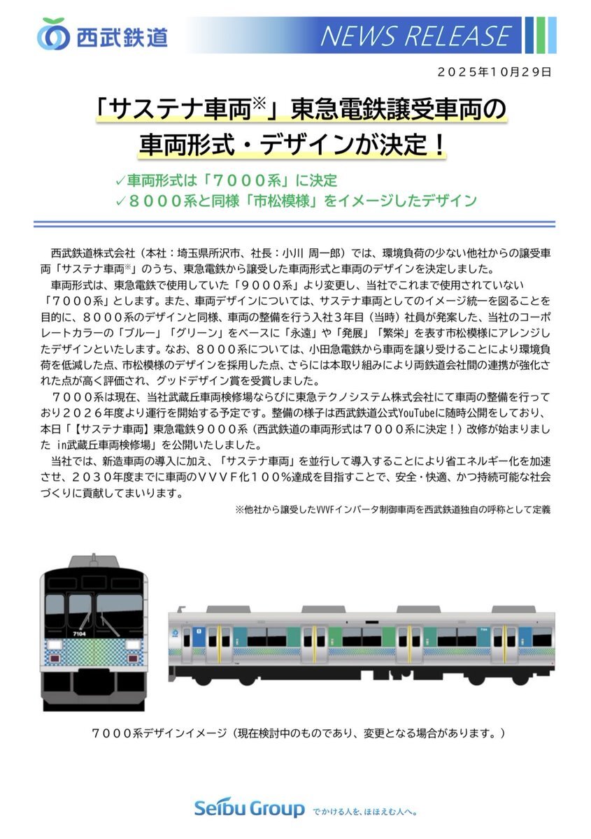 西武鉄道、東急9000系を改造！市松模様のデザインに注目