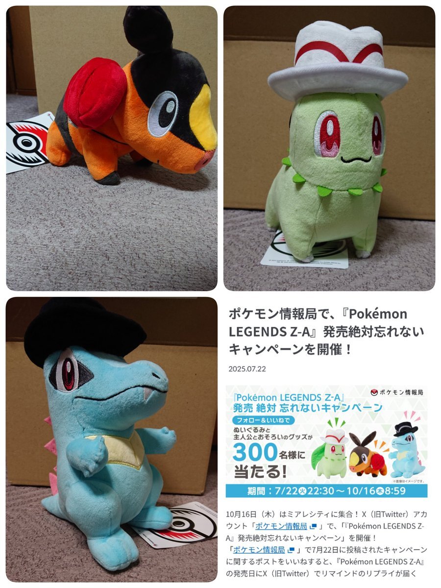 当選品】Pokémon LEGENDS Z-A主人公帽子付き 御三家ぬいぐるみ 当選品