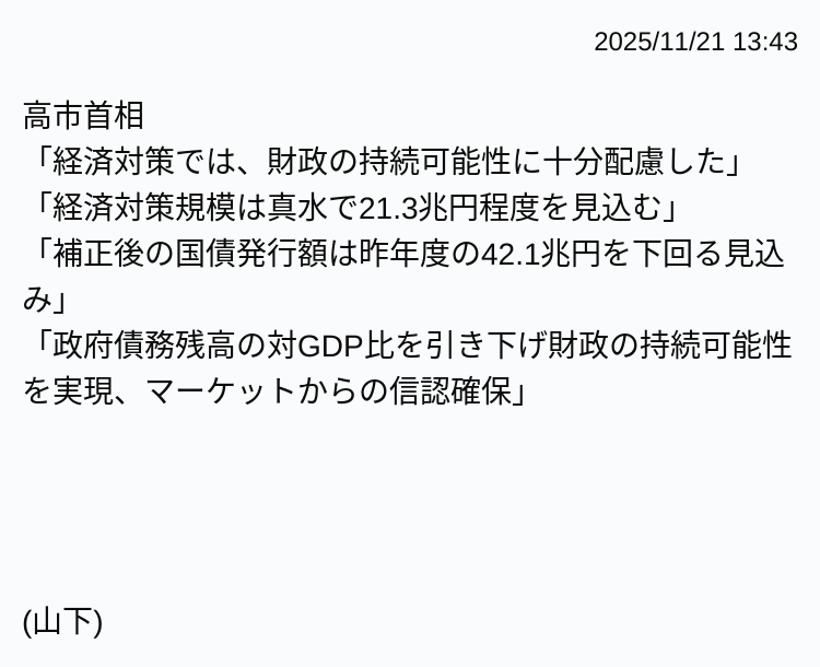 高市首相、21.3兆円規模の経済対策を発表　財政持続可能性強調