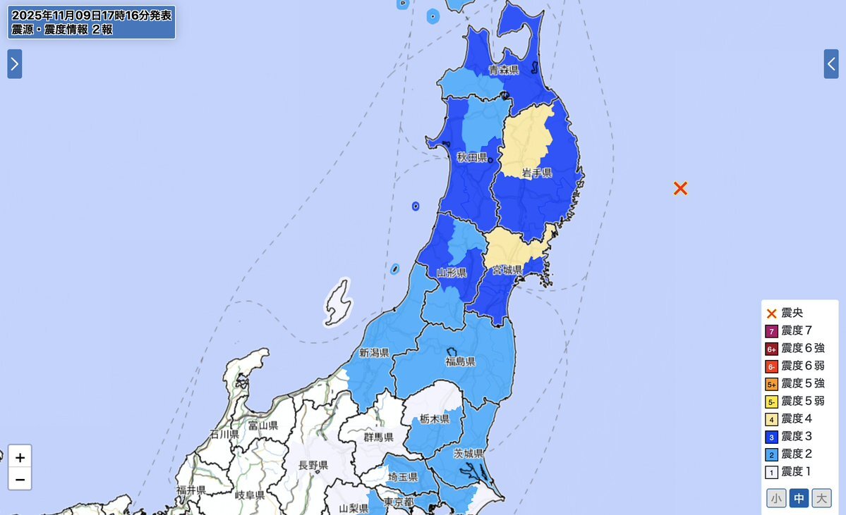 三陸沖でM6.7の地震、津波注意報発令