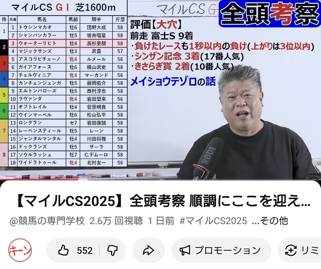 15番人気ウォーターリヒト、マイルチャンピオンシップで3着に！