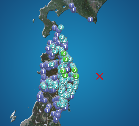 三陸沖でM5.7の地震発生、震度3を観測