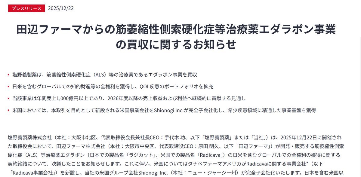 塩野義製薬、ALS治療薬買収とうつ病薬承認で注目集まる