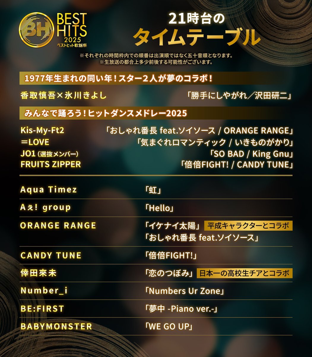 ベストヒット歌謡祭2025、21時台の出演者で盛り上がりそう！