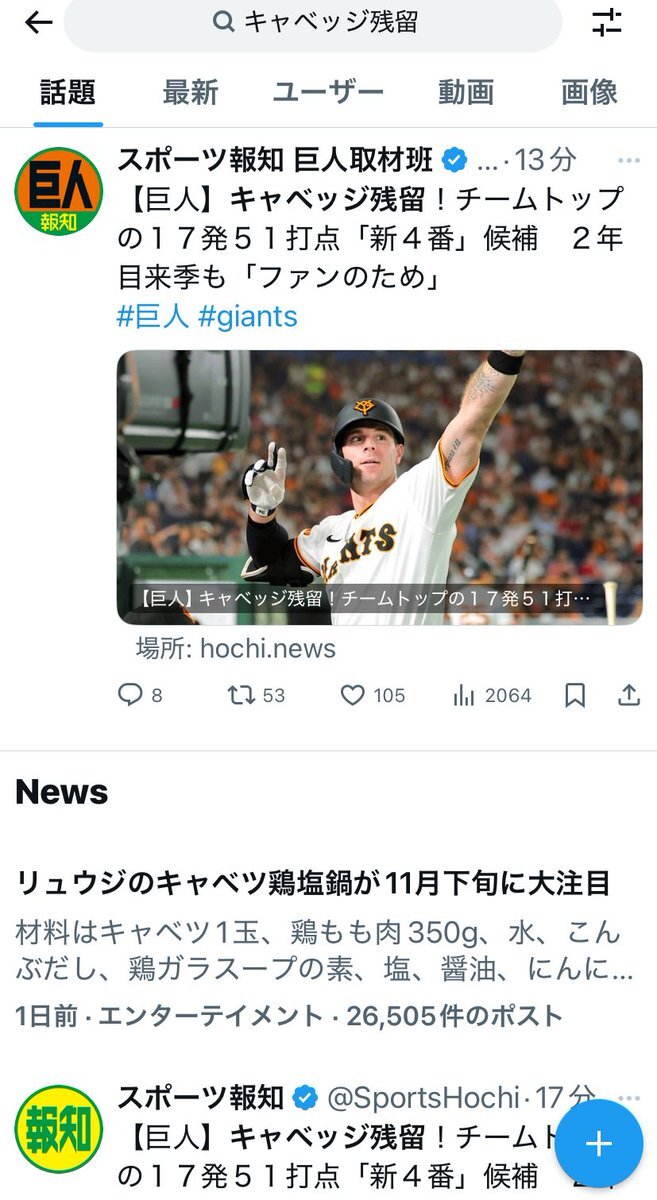 キャベッジ残留に歓喜！巨人軍ファン、来季の活躍に期待