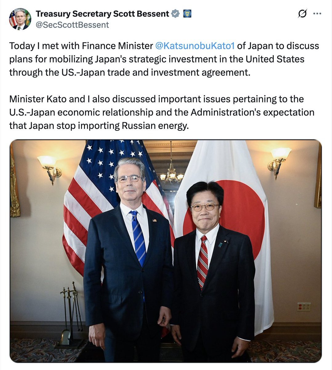 米財務長官、日本にロシア産エネルギー輸入停止要請