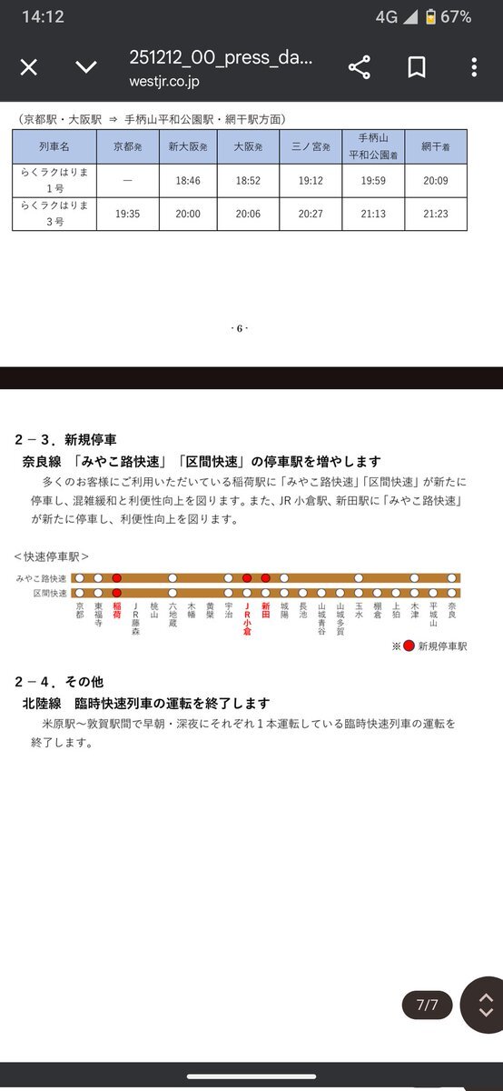 JR西日本、みやこ路快速停車駅拡大で奈良線ダイヤ改正