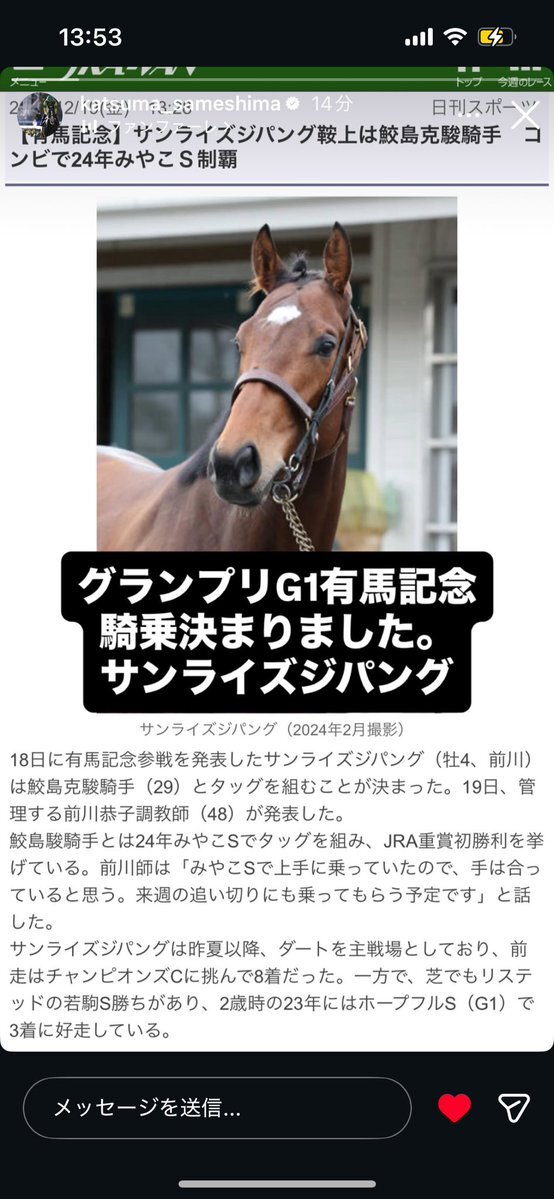 サンライズジパング、サメカツ騎手コンビで有馬記念へ！SNSは賛否両論