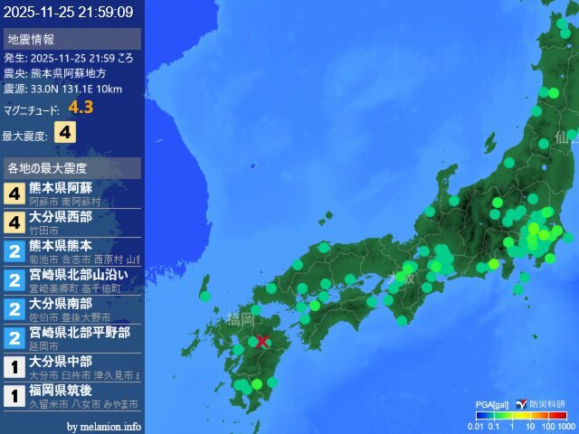 熊本県阿蘇地方でM4.3の地震、最大震度4を観測