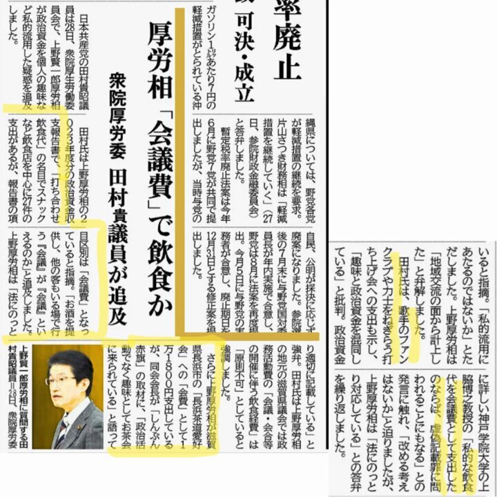 上野厚労相 スナックへの政治資金支出に疑問の声
